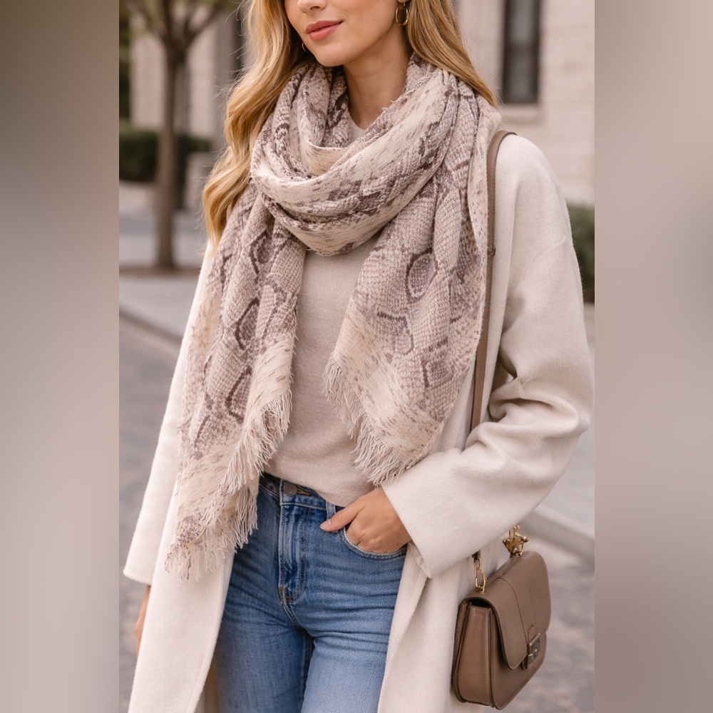 J.Crew 100% Wool Snake Print Blanket Scarf Neutral Fringe Wrap